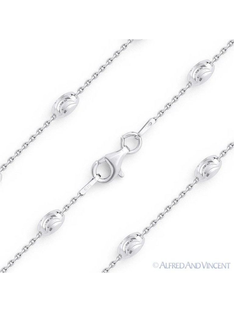 4mm Oval Moon-Cut Bead & 1.1mm Anchor Chain Necklace In .925 Sterling Silver 20"